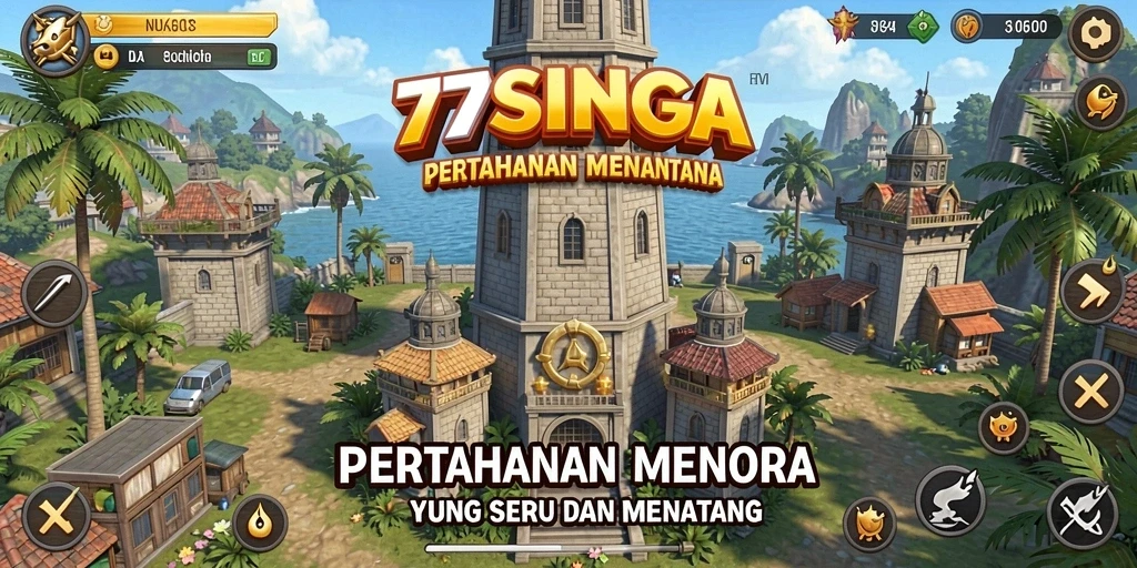 Screenshot gameplay Tower Defense 77SINGA menampilkan aksi menara pertahanan yang mendebarkan.