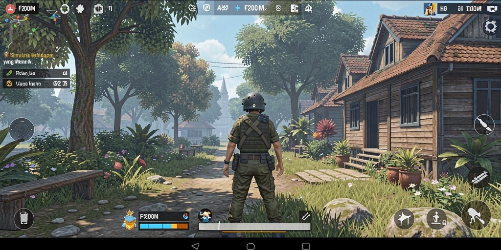 Screenshot utama F200M menampilkan karakter yang berinteraksi dalam dunia Simulation.