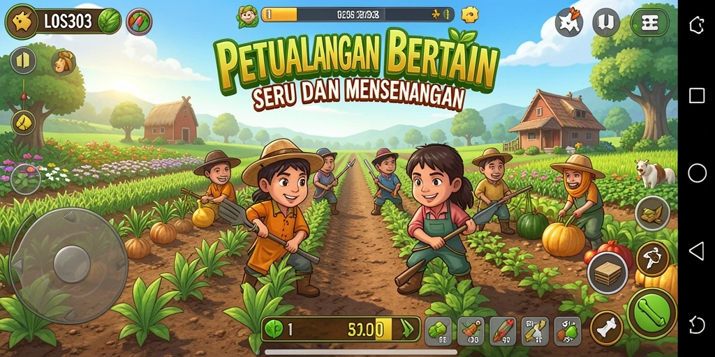 Screenshot menunjukkan pemain mengelola ladang pertanian yang indah.