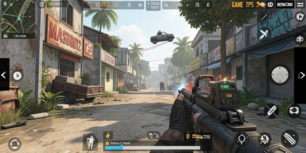 Screenshot gameplay seru dari MASBRO12 yang menampilkan aksi TPS.