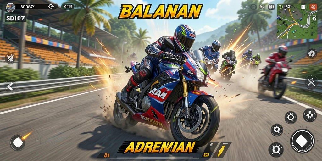 Tangkapan layar gameplay <strong>SD107</strong> menampilkan aksi cepat balapan motor.