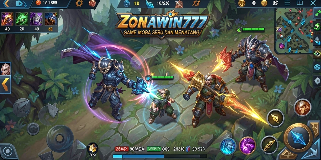 Screenshot ZONAWIN777 menunjukkan aksi intens di lapangan pertandingan MOBA.